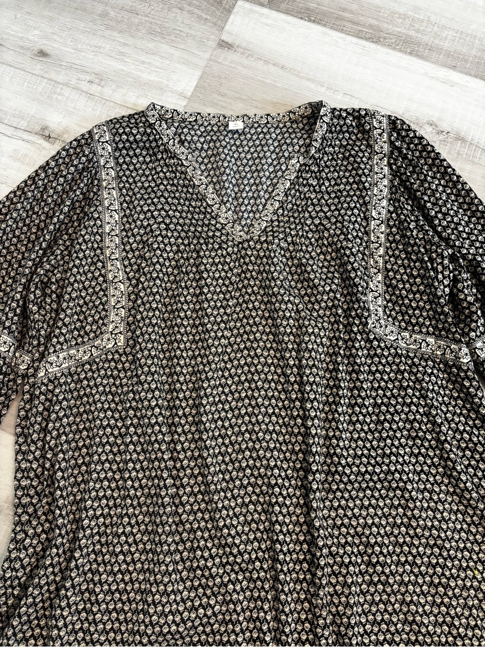 Old Navy L Tall Boho Floral Tunic Dress Black Cream Long Sleeve - Picture 6 of 11